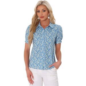 Peter Pan Collar Contrast Trim Puff Sleeve Peasant Floral Shirt Light Blue